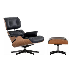 Vitra Eames Loungechair met ottoman Premium Leder Nero noten naturel