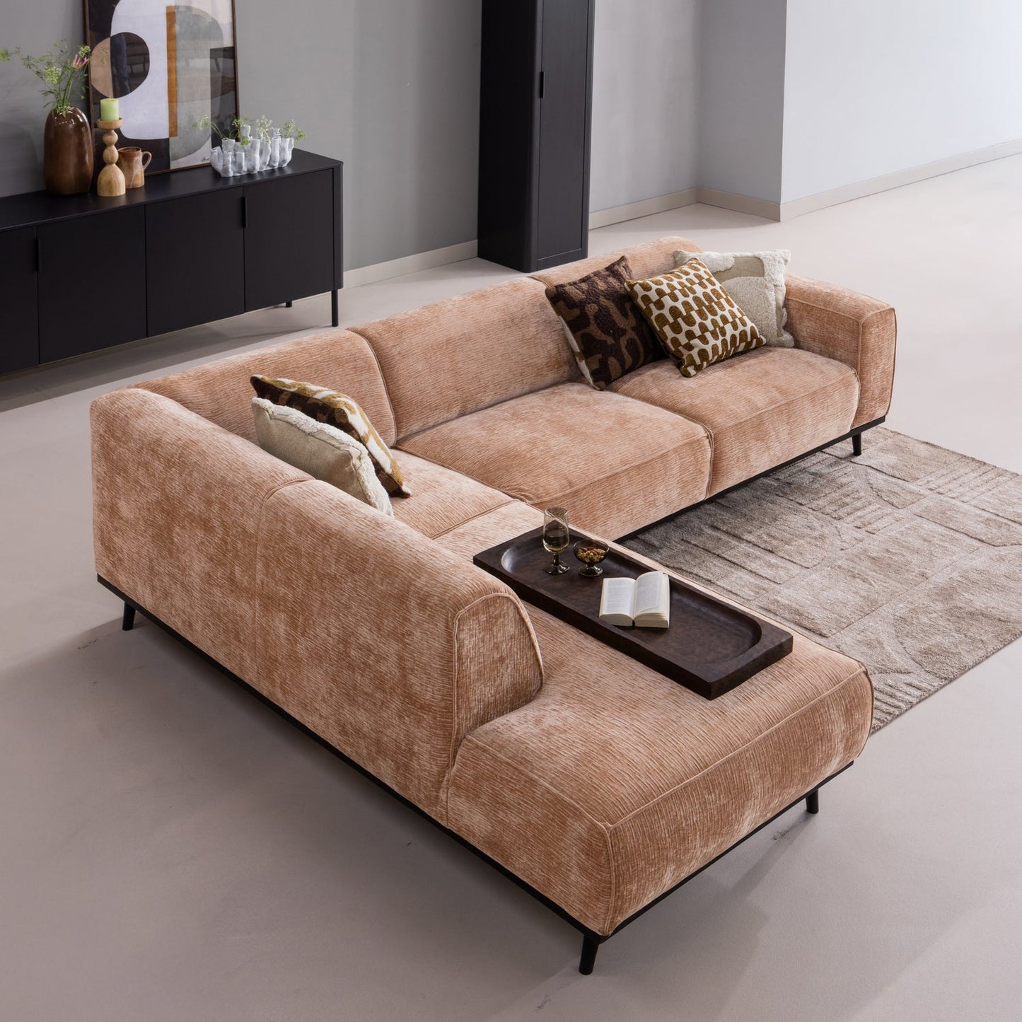 WOOOD Statement hoekbank links Chenille Velvet Perzikroze
