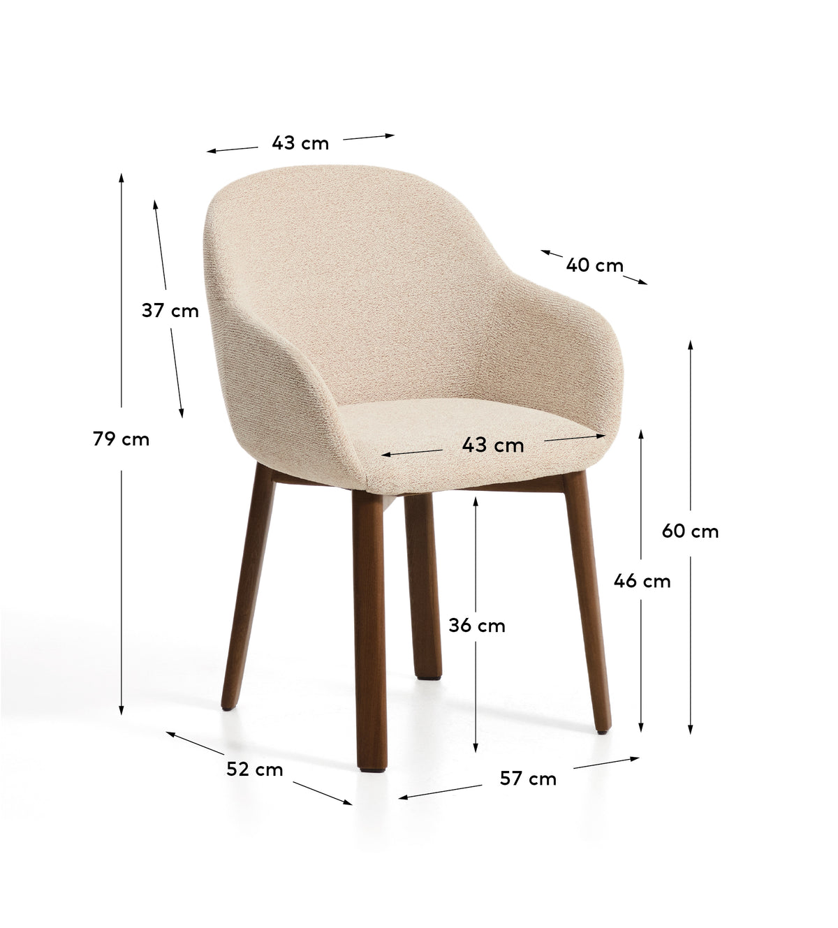 Kave Home Meila eetkamerstoel met arm chenille Beige donker hout