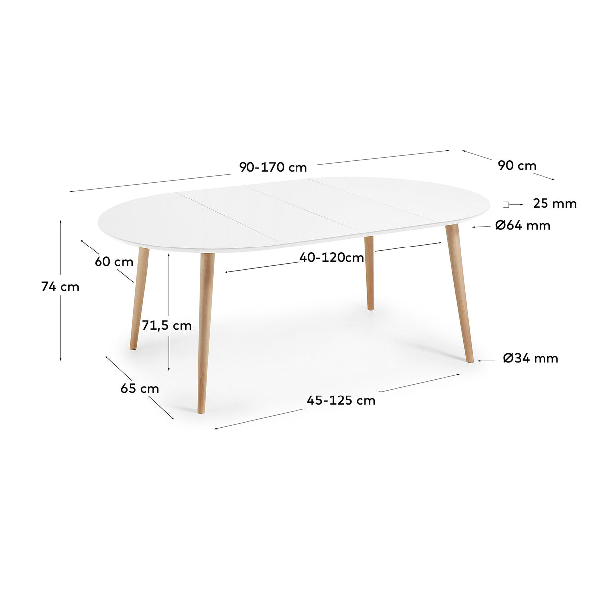 Kave Home Oqui eettafel uitschuifbaar rond Ø90 cm White/Natural