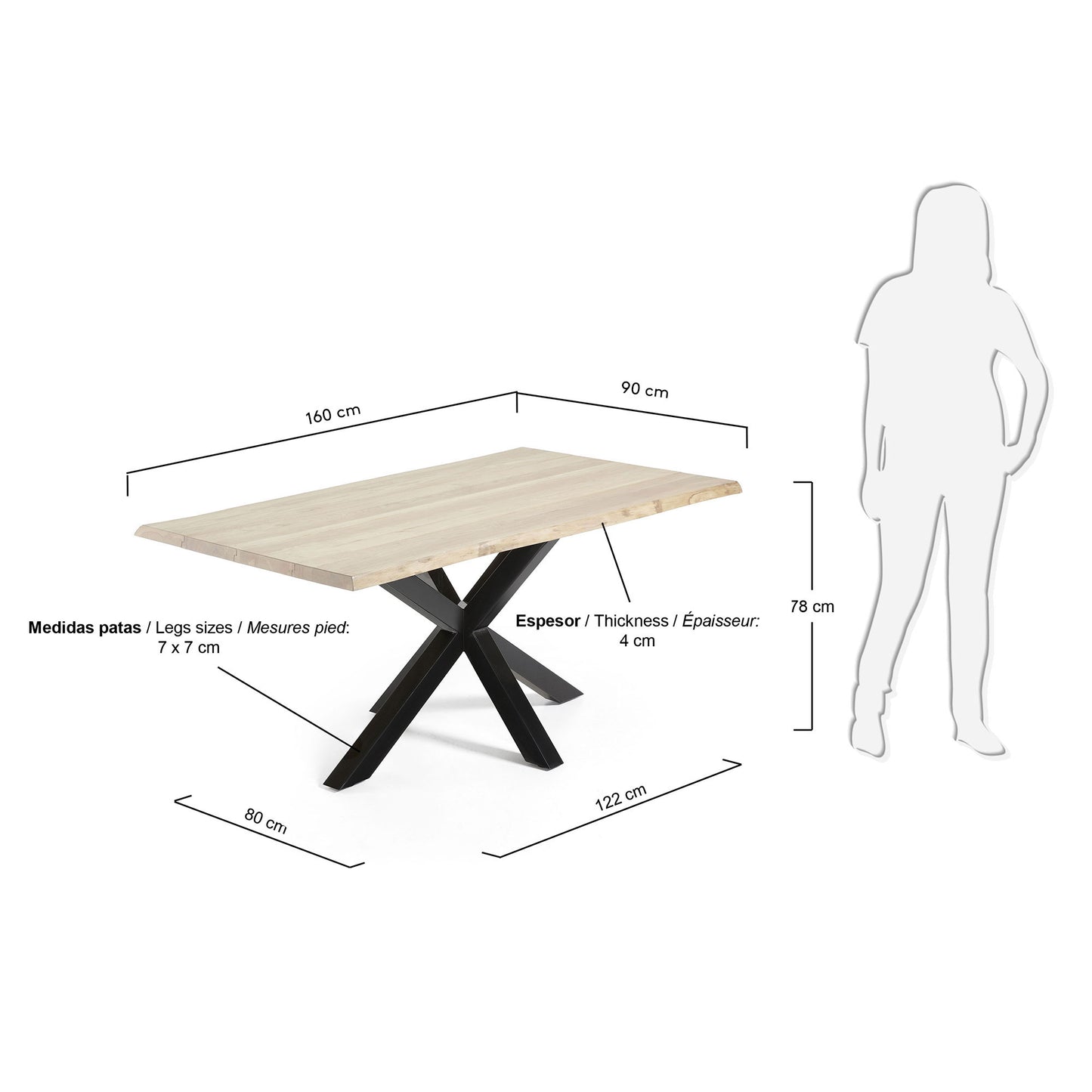 Kave Home Argo eettafel rechthoek 160x90 cm Natural light/Black