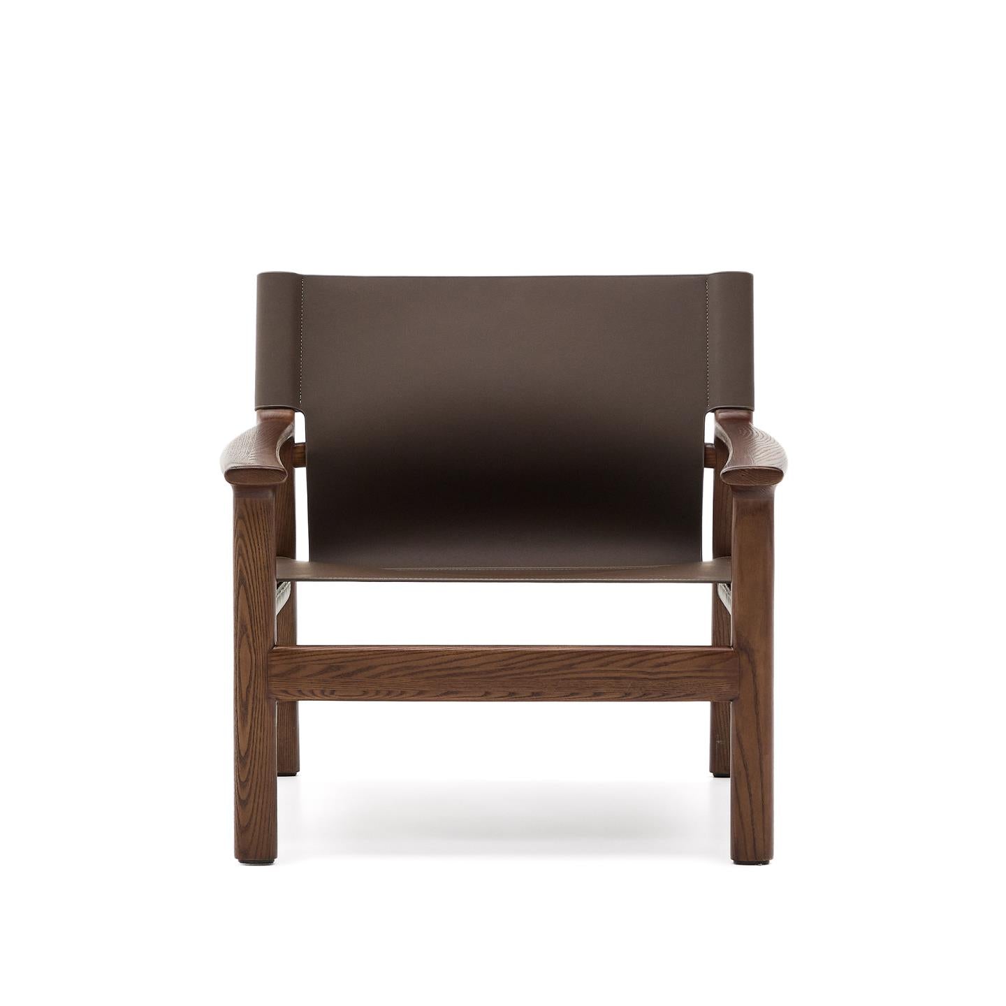 Kave Home Jan fauteuil leder Donkerbruin essenhout
