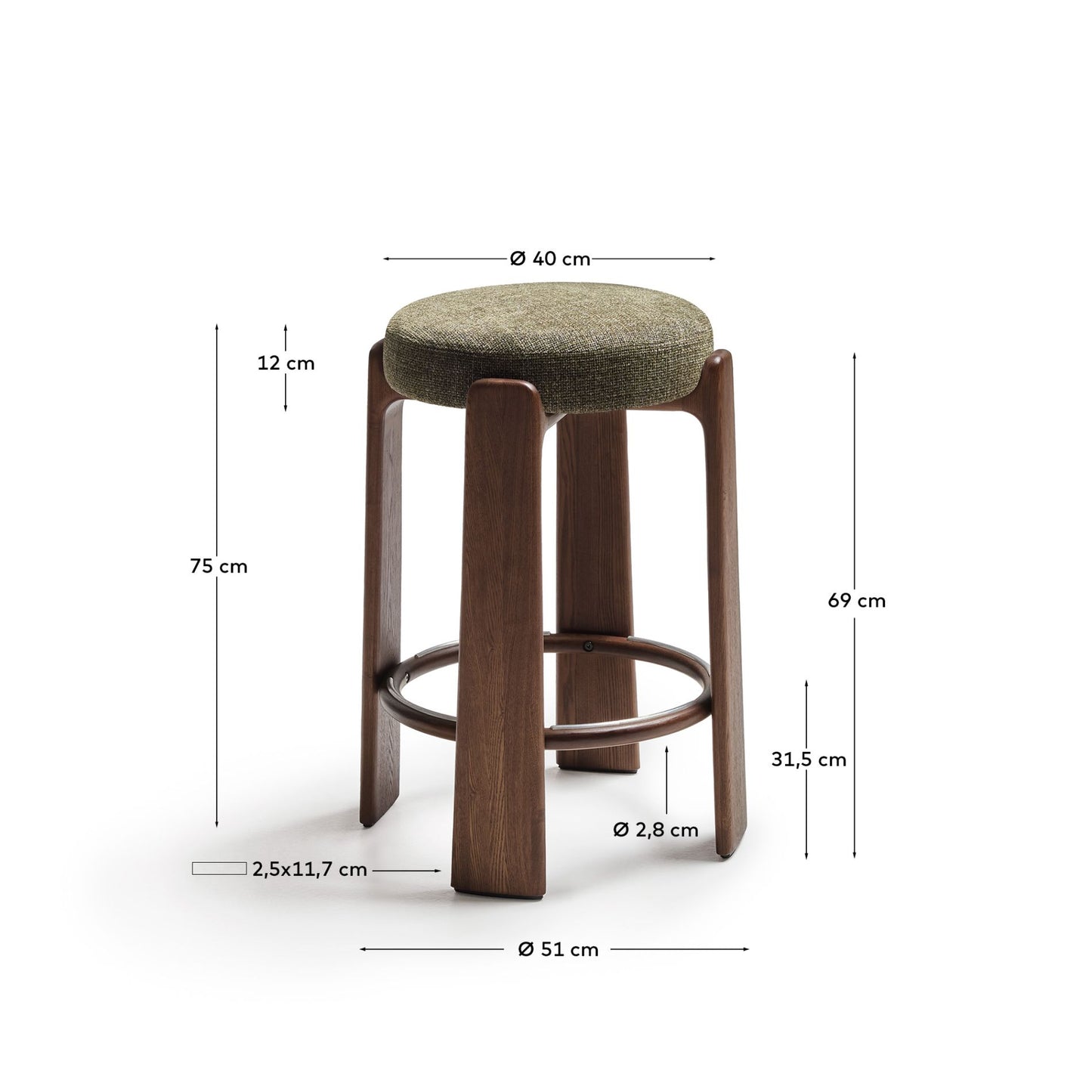 Kave Home Granite barkruk H75 zonder rugleuning chenille Groen/walnoot