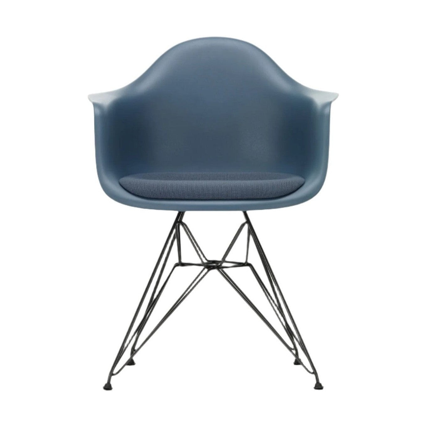 Vitra Eames DAR eetkamerstoel met arm vast zitkussen Sea Blue zwart gepoedercoat