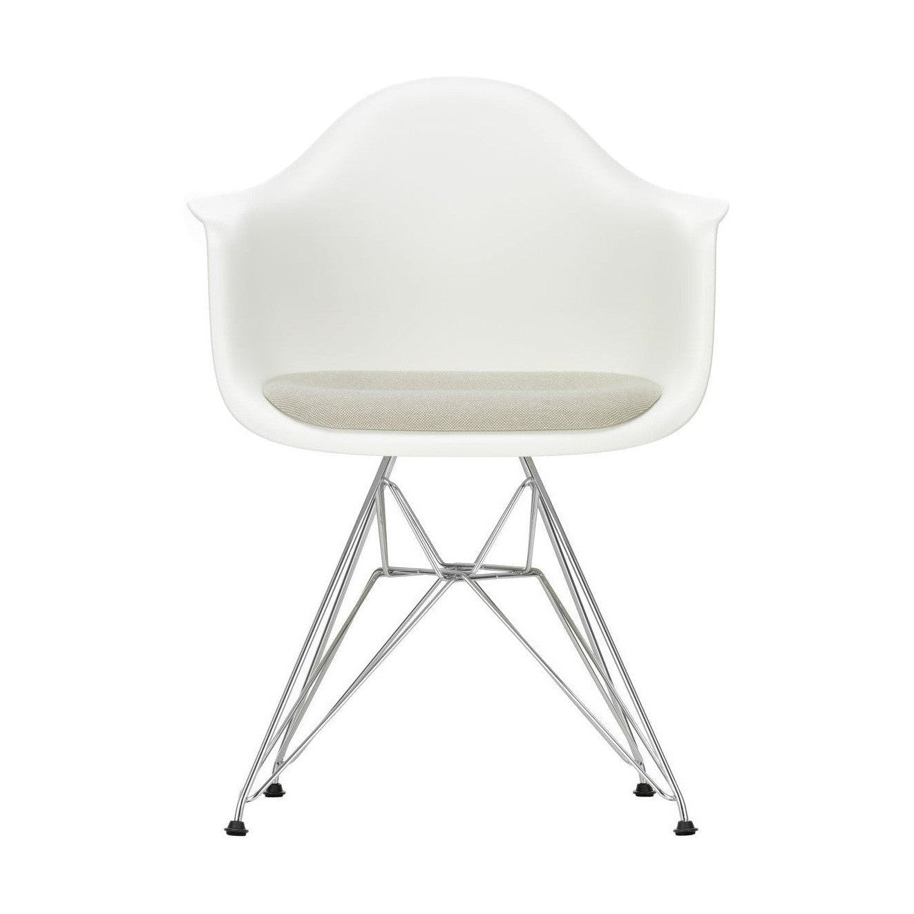 Vitra Eames DAR eetkamerstoel met arm vast zitkussen Cotton White verchroomd