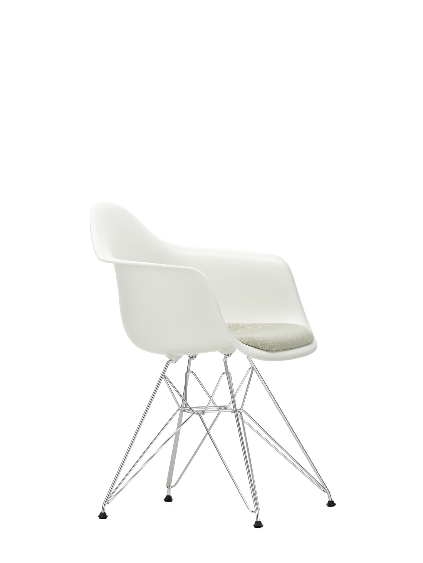 Vitra Eames DAR eetkamerstoel met arm vast zitkussen Cotton White verchroomd