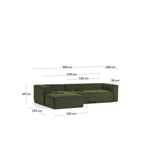 Kave Home Blok 3-zits bank chaise longue links groen