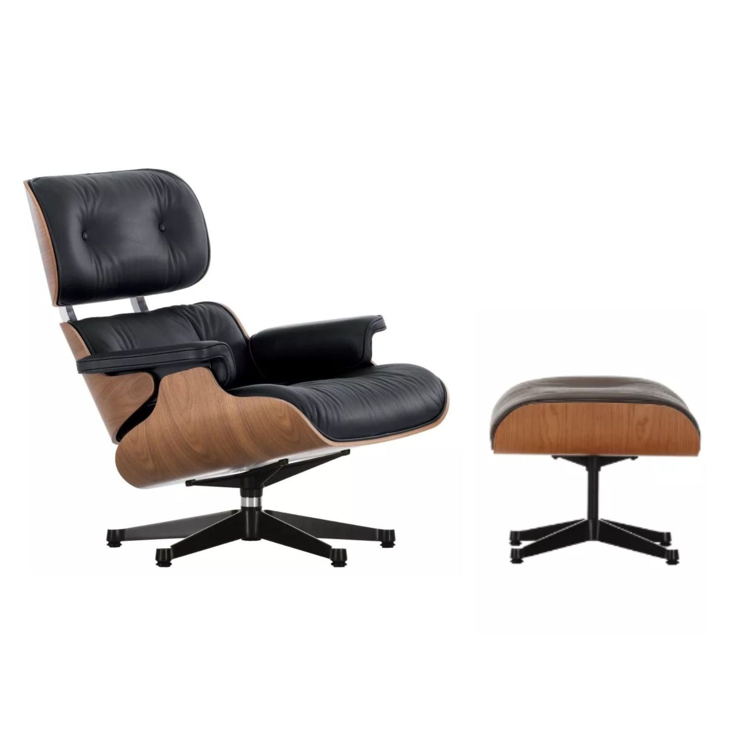 Vitra Eames Loungechair met ottoman noten zwart premium leder nero