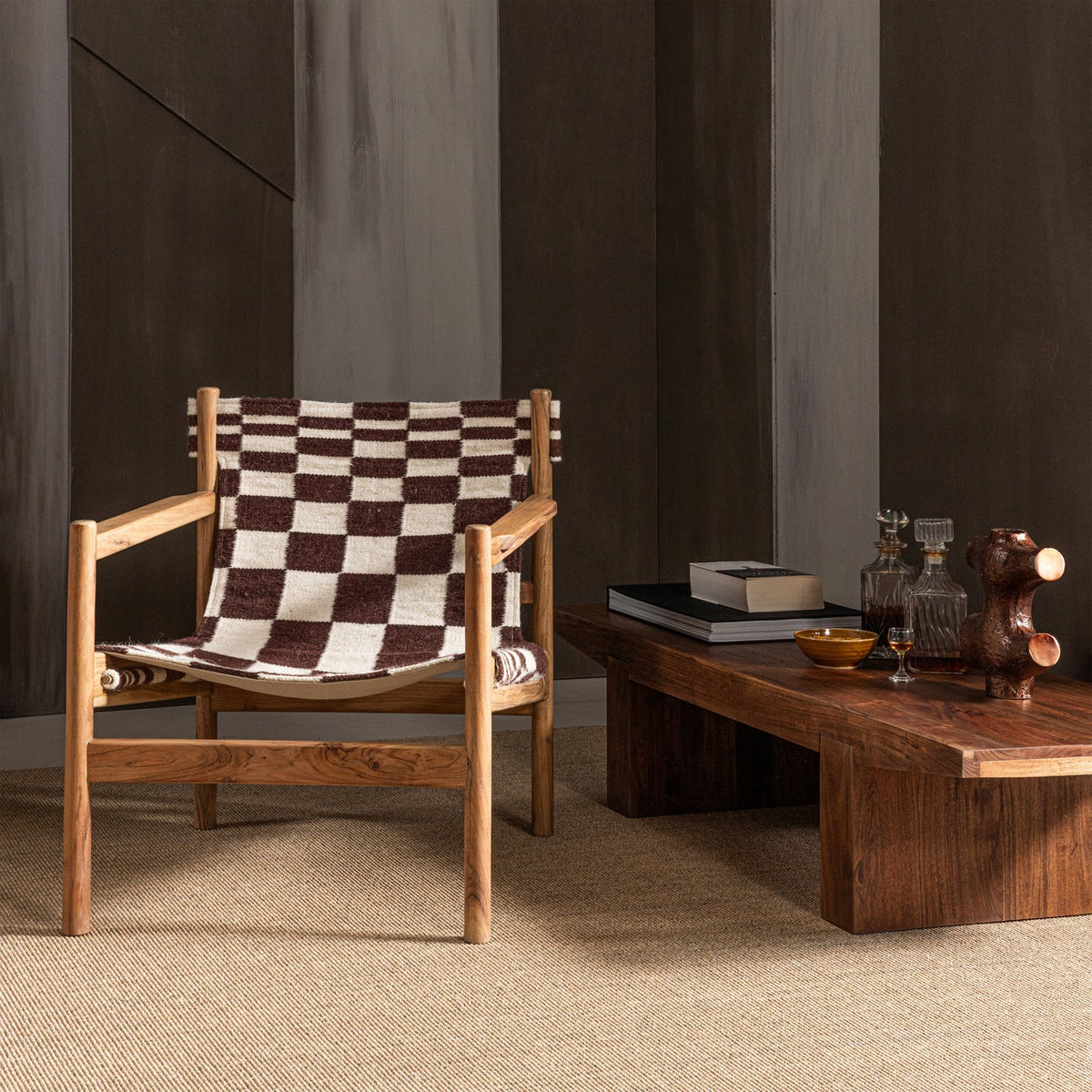 WOOOD Zano fauteuil hout bruin met kelim zitting Naturel