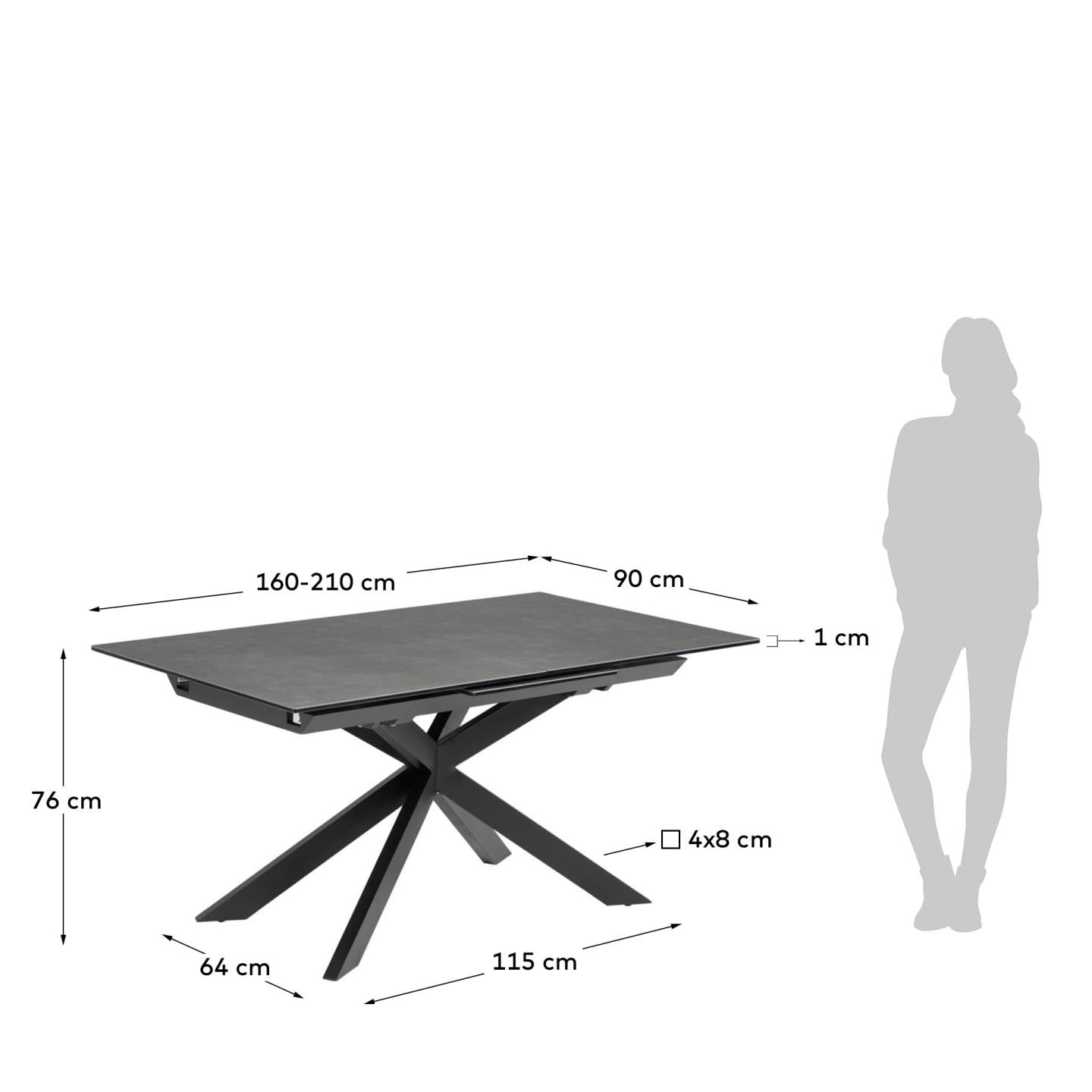 Kave Home Atminda eettafel uitschuifbaar rechthoek 160x90 cm Grey/Black