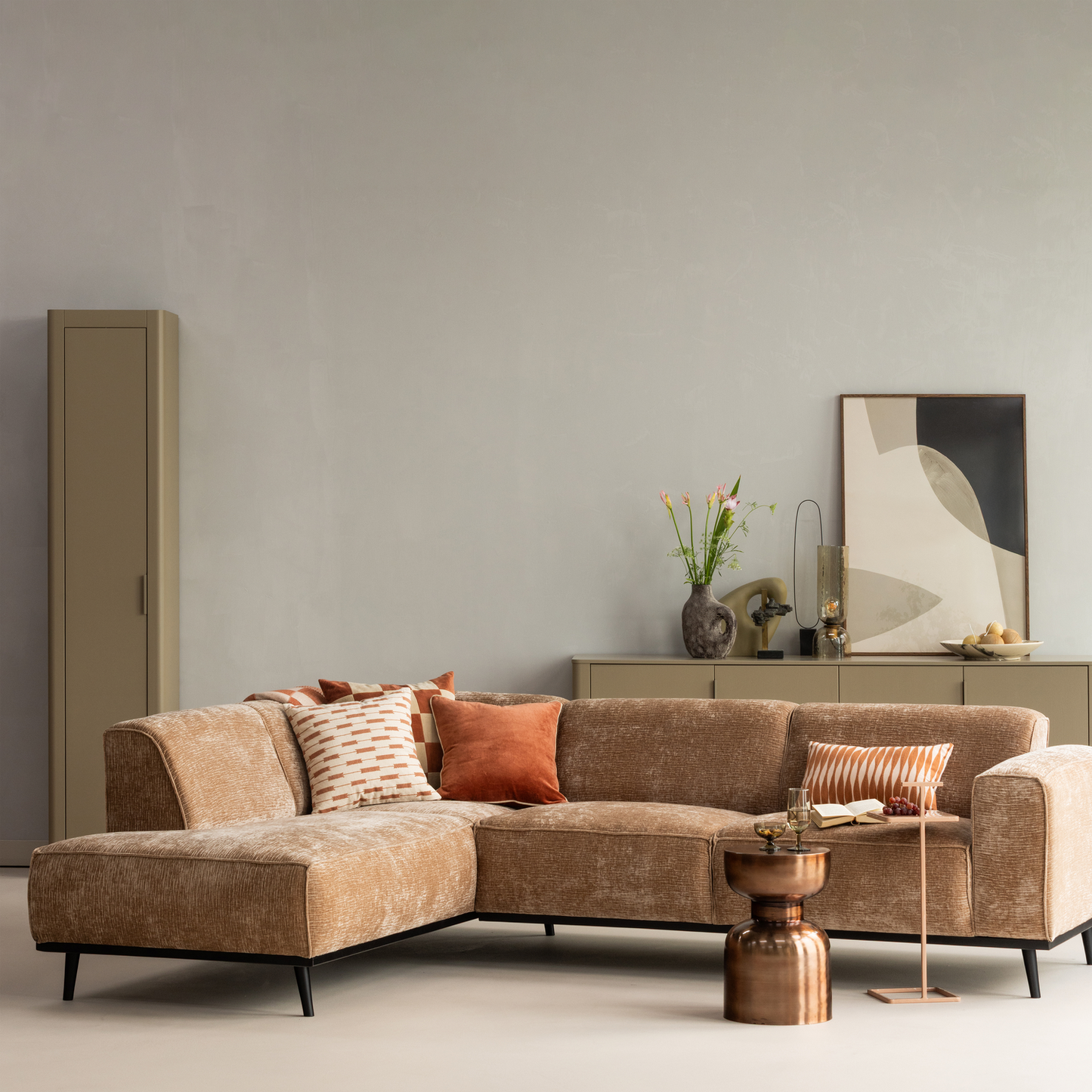WOOOD Statement hoekbank links Chenille Velvet Taupe