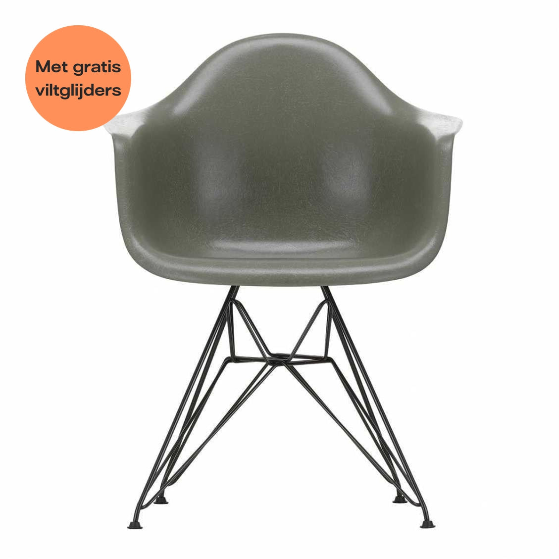 Vitra Eames DAR Fiberglass eetkamerstoel met arm zwart gepoedercoat raw umber