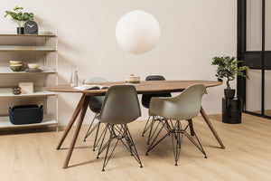 Vitra Eames DAR Fiberglass eetkamerstoel met arm zwart gepoedercoat raw umber